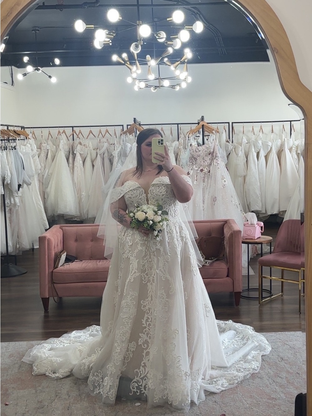 Elegant White Lace Off-Shoulder Wedding Dress with Train